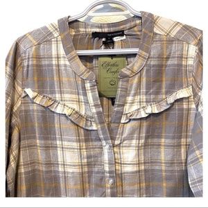 NWT Harve Benard grey/yellow flannel plaid button front shirt ruffle detail L
